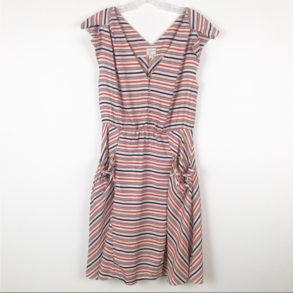 Anthropologie Striped V-Neck Cap Sleeve Dress in Cream, Red, Blue